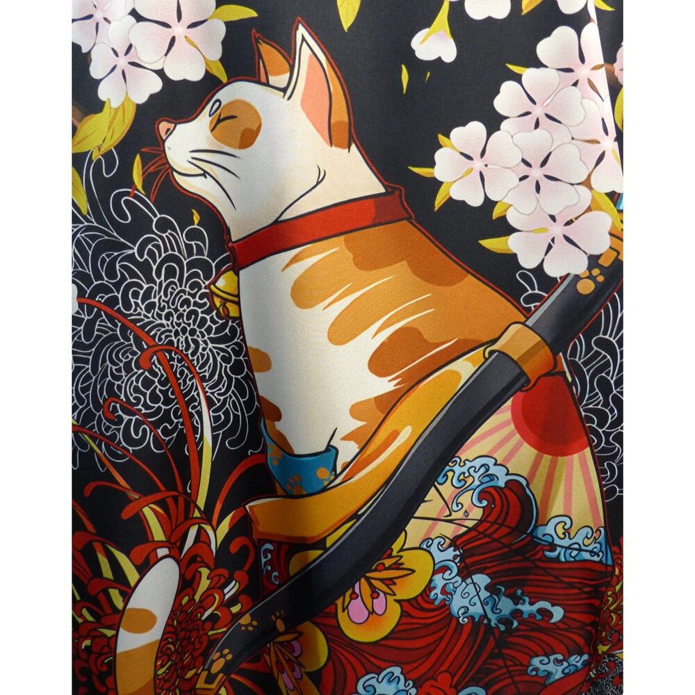 Cat Graphic Kimono Lightweight Loungewear Cherry Blossoms - Large